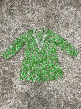 Lilly Pulitzer Green Floral V-Neck Cover Up with Pink Accents